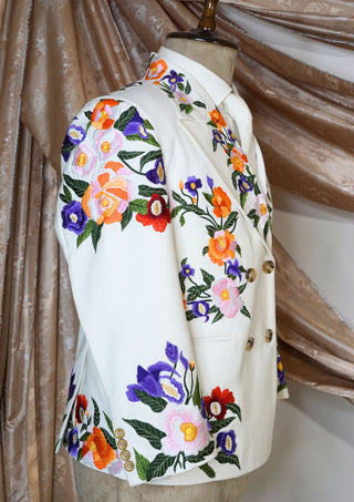 Floral Embroidered Blazer - White Double Breasted Suit Jacket