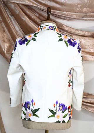Floral Embroidered Blazer - White Double Breasted Suit Jacket