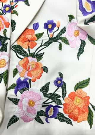 Floral Embroidered Blazer - White Double Breasted Suit Jacket