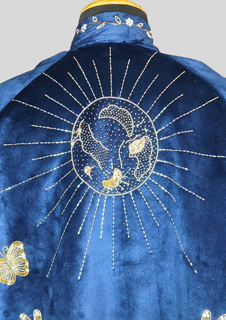 Women Blue Velvet Gold Embroidered Fairy Cape Custom Handmade Party Statement Cape