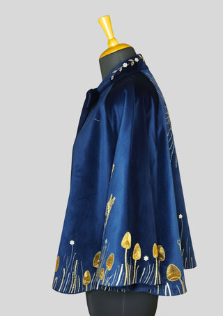 Women Blue Velvet Gold Embroidered Fairy Cape Custom Handmade Party Statement Cape
