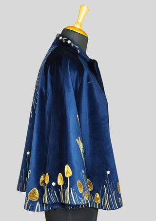 Women Blue Velvet Gold Embroidered Fairy Cape Custom Handmade Party Statement Cape