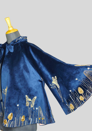 Women Blue Velvet Gold Embroidered Fairy Cape Custom Handmade Party Statement Cape
