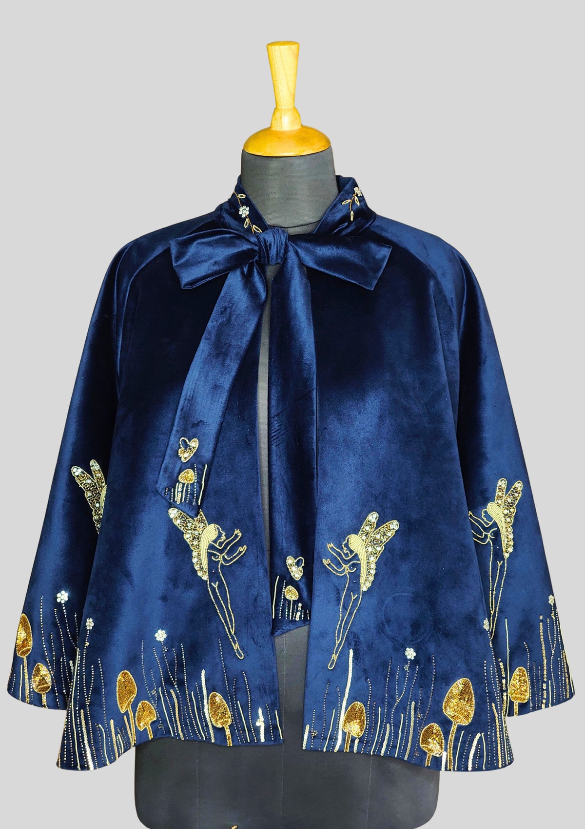 Women Blue Velvet Gold Embroidered Fairy Cape Custom Handmade Party Statement Cape