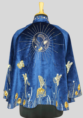 Women Blue Velvet Gold Embroidered Fairy Cape Custom Handmade Party Statement Cape
