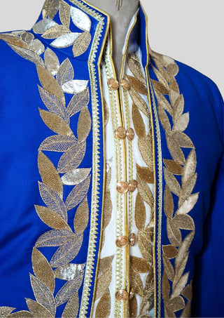 Men's Rococo Suit  Blue Cotton History Suit Golden Embroidered Vintage Masquerade Outfit