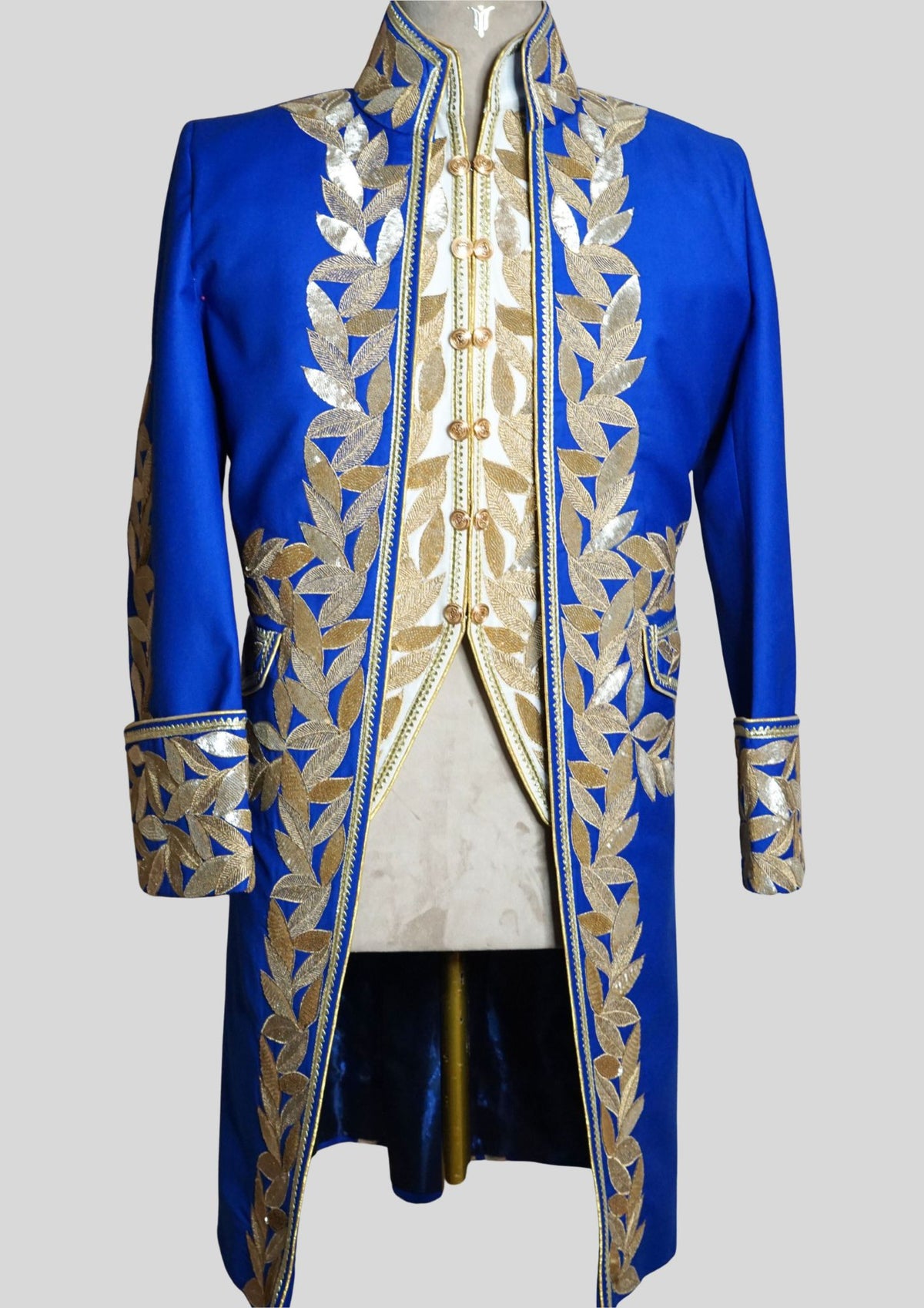 Men's Rococo Suit  Blue Cotton History Suit Golden Embroidered Vintage Masquerade Outfit
