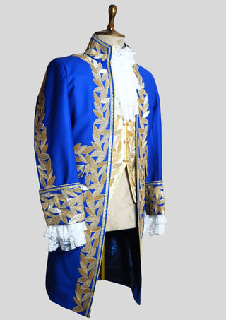 Men's Rococo Suit  Blue Cotton History Suit Golden Embroidered Vintage Masquerade Outfit
