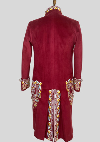 Men’s Maroon Rococo Embroidered 2-Piece Suit – Floral Tailcoat & Waistcoat Set for Carnival & Wedding