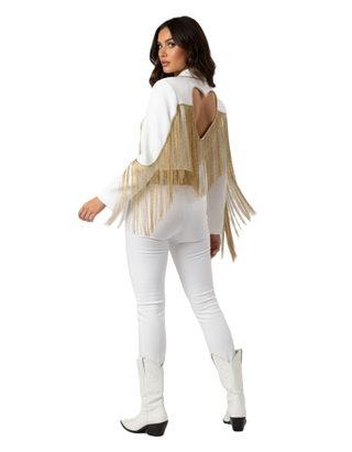 Women White Custom Western Cowboy Suit Gold Horse Patched Fringe Rhinestone Couple Outfits