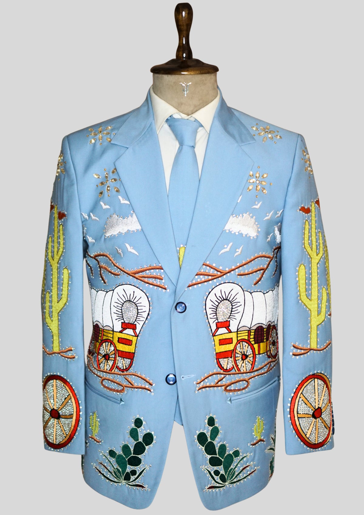 Men's Country 2 Piece Embroidered Wedding Suit Powder Blue Groom Outfit