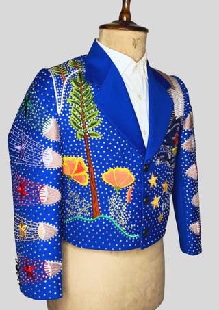 Men’s Blue Cropped Country Western Blazer – Hollywood Embroidered Jacket with Rhinestones, Statement Party Concert Outfit