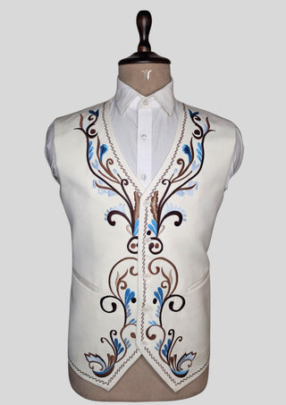 Men’s Ivory Embroidered Country Western 3-Piece Suit with Fringe – Vintage Cowboy Wedding & Party Outfit