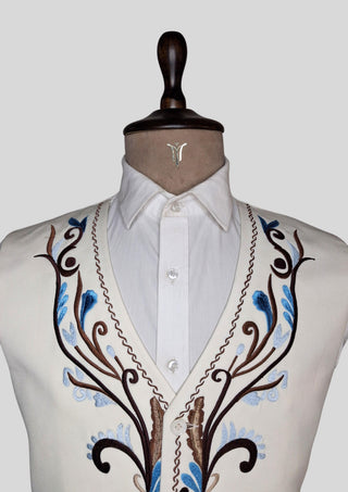 Men’s Ivory Embroidered Country Western 3-Piece Suit with Fringe – Vintage Cowboy Wedding & Party Outfit