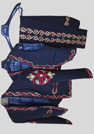 Men Black Mariachi 3Pc Skull Embroidered Mexican Groom Suit