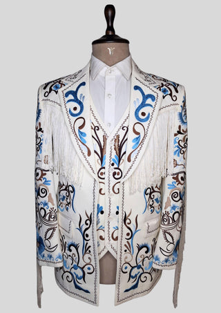 Men’s Ivory Embroidered Country Western 3-Piece Suit with Fringe – Vintage Cowboy Wedding & Party Outfit