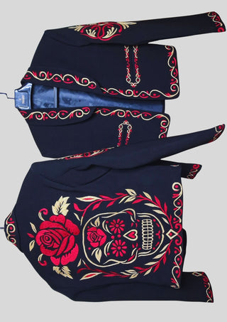 Men Black Mariachi 3Pc Skull Embroidered Mexican Groom Suit