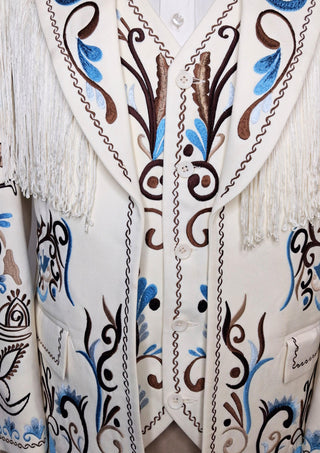 Men’s Ivory Embroidered Country Western 3-Piece Suit with Fringe – Vintage Cowboy Wedding & Party Outfit