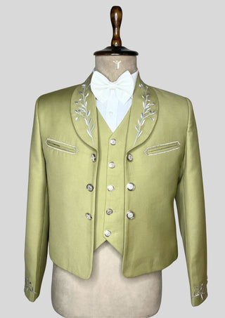 Men’s Olive Green Mariachi Charro 3-Piece Suit with Silver Embroidery – Elegant Wedding & Festival Outfit.