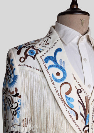 Men’s Ivory Embroidered Country Western 3-Piece Suit with Fringe – Vintage Cowboy Wedding & Party Outfit