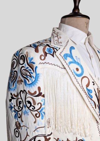 Men’s Ivory Embroidered Country Western 3-Piece Suit with Fringe – Vintage Cowboy Wedding & Party Outfit