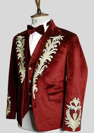 Men;s Maroon Velvet 4 Piece Embroidered Rococo Suit For Carnival Party Outfit