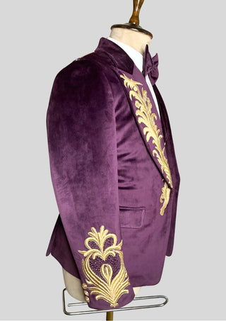 Men’s Purple Velvet Rococo 4 Piece Suit with Cape – Gold Embroidered Blazer, Waistcoat & Plain Pants