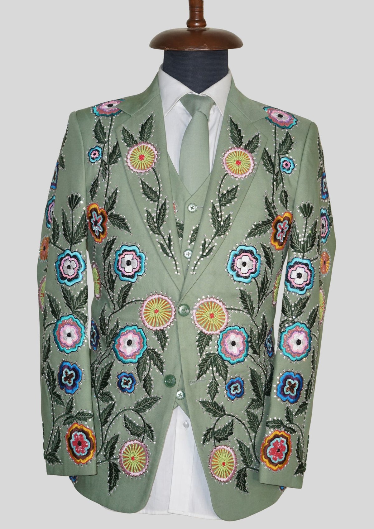 Palm Green Floral Embroidered 3 Piece Men’s Suit Country Western Style with Matching Waistcoat & Tie Western Groom Attire