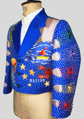 Men’s Blue Cropped Country Western Blazer – Hollywood Embroidered Jacket with Rhinestones, Statement Party Concert Outfit