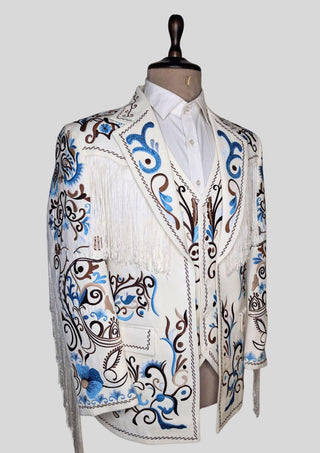 Men’s Ivory Embroidered Country Western 3-Piece Suit with Fringe – Vintage Cowboy Wedding & Party Outfit