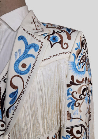 Men’s Ivory Embroidered Country Western 3-Piece Suit with Fringe – Vintage Cowboy Wedding & Party Outfit