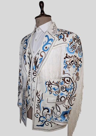 Men’s Ivory Embroidered Country Western 3-Piece Suit with Fringe – Vintage Cowboy Wedding & Party Outfit