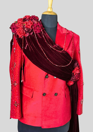 Men’s Red Velvet Embellished 3 Piece Suit with Red Rhinestones, Crystal Tassels, Floral Shoulder Drape  Groom Wedding Reception Statement Outfit