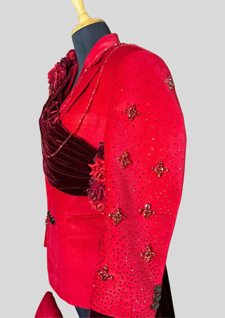 Men’s Red Velvet Embellished 3 Piece Suit with Red Rhinestones, Crystal Tassels, Floral Shoulder Drape  Groom Wedding Reception Statement Outfit