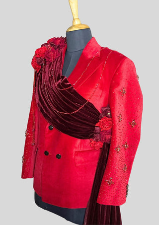 Men’s Red Velvet Embellished 3 Piece Suit with Red Rhinestones, Crystal Tassels, Floral Shoulder Drape  Groom Wedding Reception Statement Outfit