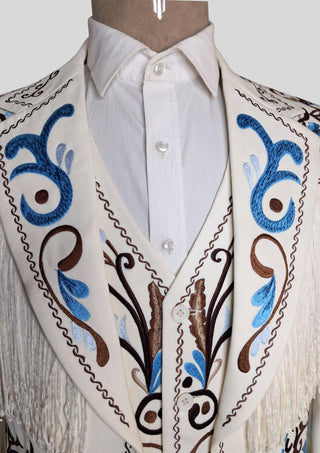 Men’s Ivory Embroidered Country Western 3-Piece Suit with Fringe – Vintage Cowboy Wedding & Party Outfit