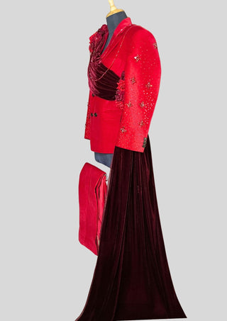 Men’s Red Velvet Embellished 3 Piece Suit with Red Rhinestones, Crystal Tassels, Floral Shoulder Drape  Groom Wedding Reception Statement Outfit