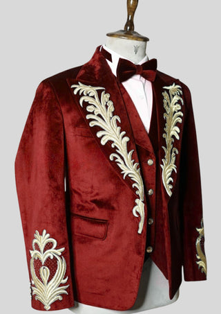 Men;s Maroon Velvet 4 Piece Embroidered Rococo Suit For Carnival Party Outfit
