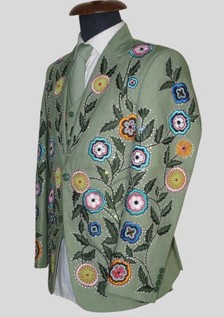 Palm Green Floral Embroidered 3 Piece Men’s Suit Country Western Style with Matching Waistcoat & Tie Western Groom Attire