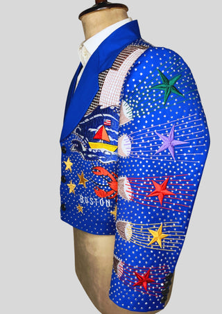 Men’s Blue Cropped Country Western Blazer – Hollywood Embroidered Jacket with Rhinestones, Statement Party Concert Outfit