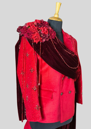 Men’s Red Velvet Embellished 3 Piece Suit with Red Rhinestones, Crystal Tassels, Floral Shoulder Drape  Groom Wedding Reception Statement Outfit