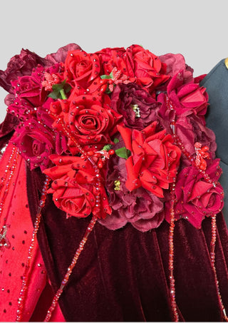 Men’s Red Velvet Embellished 3 Piece Suit with Red Rhinestones, Crystal Tassels, Floral Shoulder Drape  Groom Wedding Reception Statement Outfit