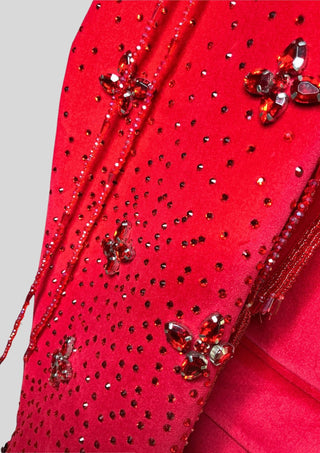 Men’s Red Velvet Embellished 3 Piece Suit with Red Rhinestones, Crystal Tassels, Floral Shoulder Drape  Groom Wedding Reception Statement Outfit
