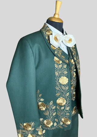Women Custom Green Mariachi Suit: Golden Floral Embroidery 3 Piece Skirt Set