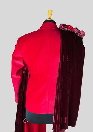 Men’s Red Velvet Embellished 3 Piece Suit with Red Rhinestones, Crystal Tassels, Floral Shoulder Drape  Groom Wedding Reception Statement Outfit