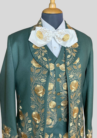 Women Custom Green Mariachi Suit: Golden Floral Embroidery 3 Piece Skirt Set