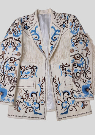 Men’s Ivory Embroidered Country Western 3-Piece Suit with Fringe – Vintage Cowboy Wedding & Party Outfit