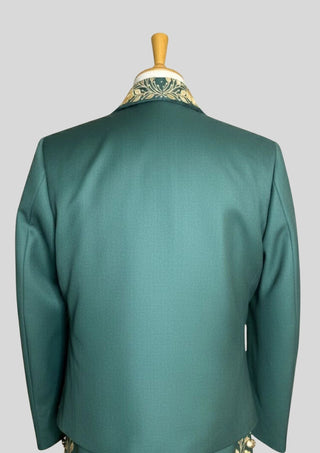 Women Custom Green Mariachi Suit: Golden Floral Embroidery 3 Piece Skirt Set