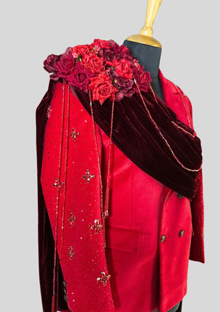 Men’s Red Velvet Embellished 3 Piece Suit with Red Rhinestones, Crystal Tassels, Floral Shoulder Drape  Groom Wedding Reception Statement Outfit