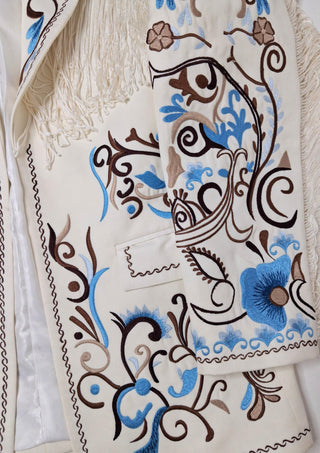 Men’s Ivory Embroidered Country Western 3-Piece Suit with Fringe – Vintage Cowboy Wedding & Party Outfit